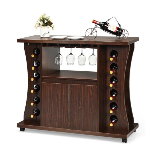 Rolling Buffet Sideboard Wooden Bar Storage Cabinet w/ Wine Rack & Glass Holder  image {1}