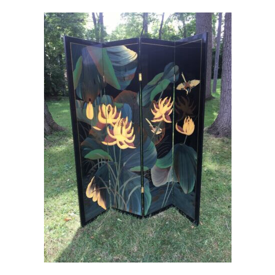 Lovely Hand Painted Japanese Room Divider/ Screen Lotus Bird image {1}