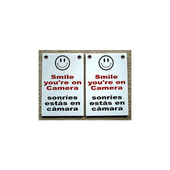 2 SMILE YOU'RE ON CAMERA SIGNS 8"x12" w/ Grommets Security Surveillance Spanish image {1}
