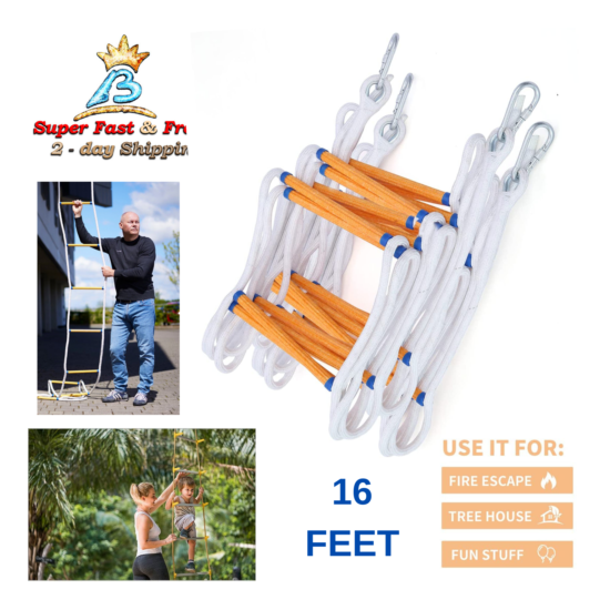 Portable Emergency Fire Escape Ladder Rope With 2 Hook Carabiner Swing Climbing image {1}