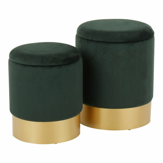 Marla Contemporary/Glam Nesting Ottoman Set in Gold Metal and Green Velvet image {1}