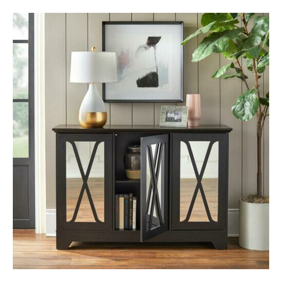 Black Distressed Finished Mirrored Buffet Console Cabinet Storage Center image {1}