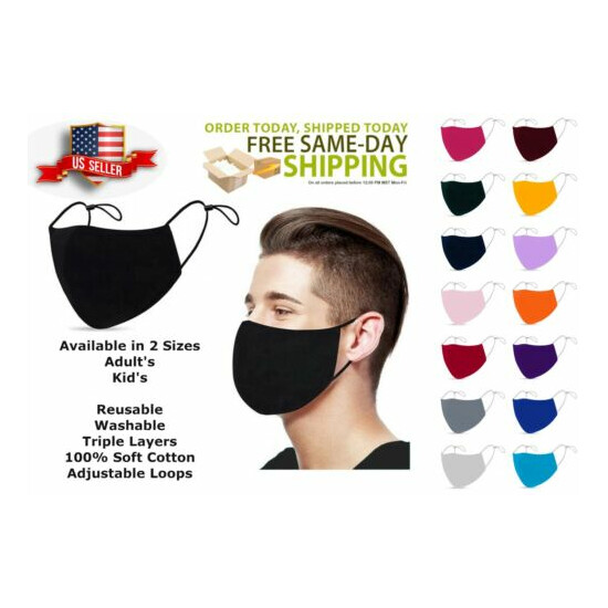 ADULTS & KIDS Face Mask 3 Layers 100% Cotton Washable Reusable ADJUSTABLE LOOPS image {1}