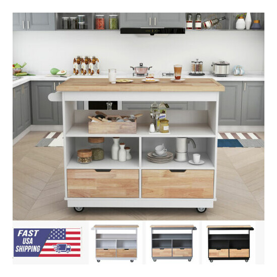 Kitchen Cart Rolling Mobile Kitchen Island Solid Wood Top Tableware Cabine image {1}