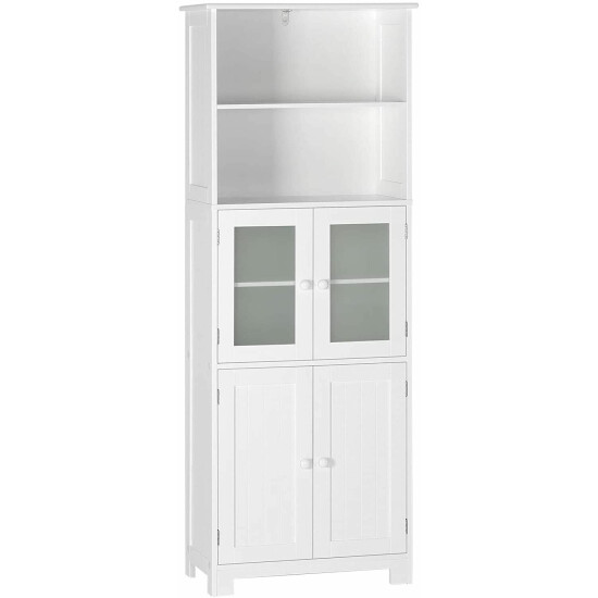 White Sideboard Tall Storage Cabinet Cupboard with Tempered Glass Doors Shelf  image {1}