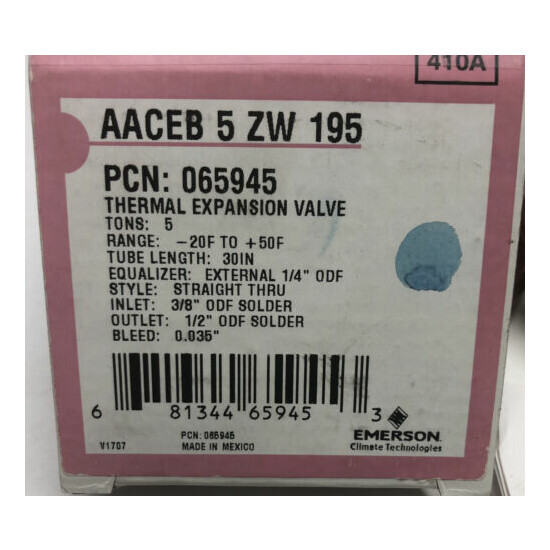 Emerson R410A 5 Ton Expansion Valve Catalog # AACEB 5 ZW 195 Part # 065945 image {3}