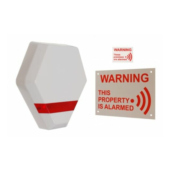 Compact Solar Powered Dummy Alarm Siren - Flashing LED's & Warning Signs. image {1}