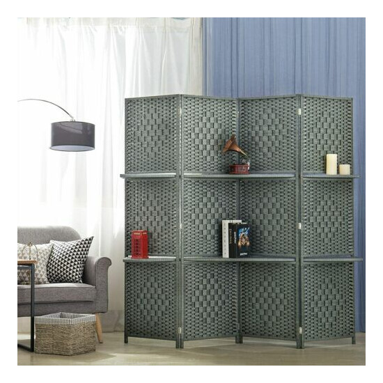 MyGift 6-Foot Gray Bamboo Woven 4-Panel Room Divider with 2 Shelves image {1}