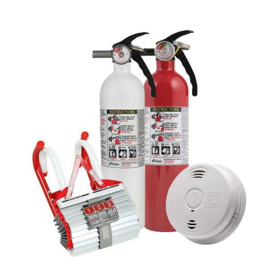 2 Story Home Fire Safety Kit 3 Pack Smoke CO Detector Ladder 2 Pack Extinguisher image {1}
