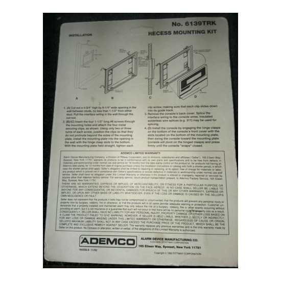 *NEW-Sealed* Ademco 6139TRK - Recess Mounting Kit for Use with 6139/6138 Console image {2}