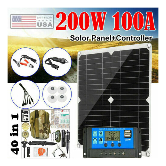 200W Solar Panel Kit 100A 12V Battery Charger w/ Controller+40 in 1 Survival Kit image {1}