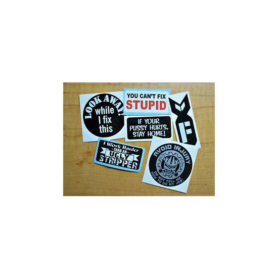 6pk Funny Hard Hat Stickers | F-Bomb Pussy Hurts Ugly Stripper Decals Bad Ass image {1}
