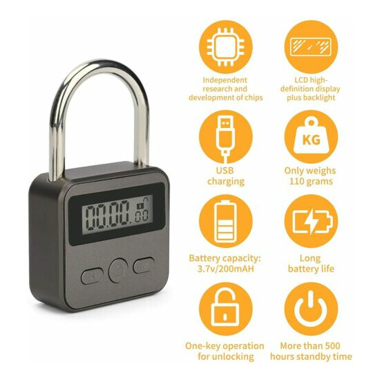 Smart Time Lock USB Rechargeable Security Padlock 99 Hours Max Timing Lock US image {1}