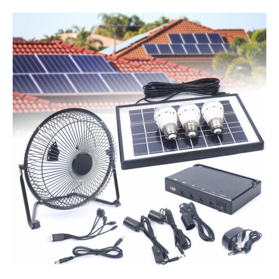 Solar Power Panel USB Charging W/ LED Light & Fan Kit Fits Home Outdoor Camping image {2}