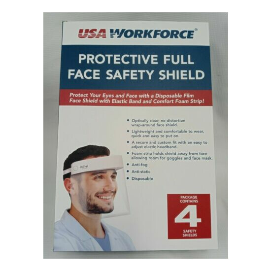 USA Workforce Face Shields Clear w/ Elastic Bands Box of 4 - New Unopened image {1}