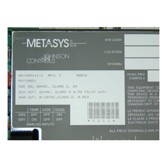 Johnson Controls Metasys Controller AS-VAV111-1 Rev J image {2}