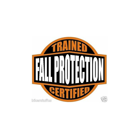 FALL PROTECTION TRAINED STICKER ORANGE AND BLACK HARD HAT STICKER  image {1}