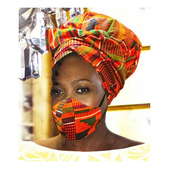 Kente Ankara African Face Mask | Reversible Satin-Lined Headdress Set image {1}