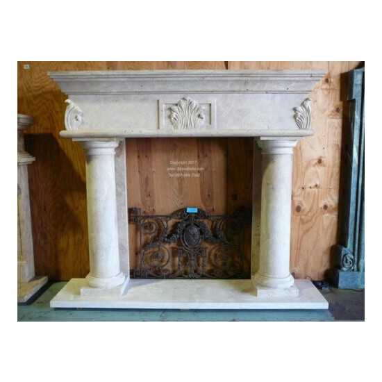 Large Hand carved Travertine Fireplace Mantle, Column Stone Mantle Surround image {3}