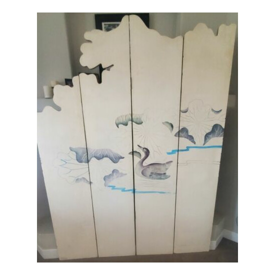Haindpainted 4-Panel Solid Wood Room Divider Ducks, Water, Flowers, Stands Tall image {4}