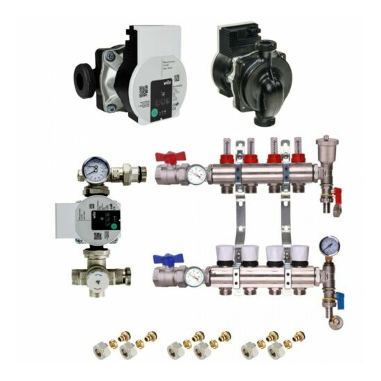 WATER UNDERFLOOR HEATING KIT MANIFOLDS 2 to 8 PORTS A RATED GRUNDFOS, PUMP PACK. image {1}