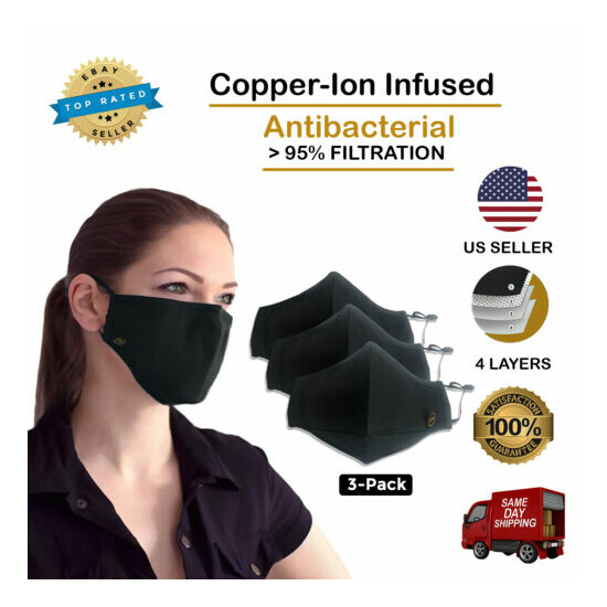  Copper Ion Infused washable Face Mask with 4 Layers of Filtration - 3 pack Thumb {1}