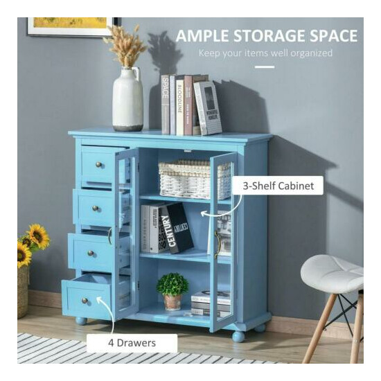 Blue Storage Sideboard Cabinet Console Cupboard with 4 Drawers and Glass Door image {4}