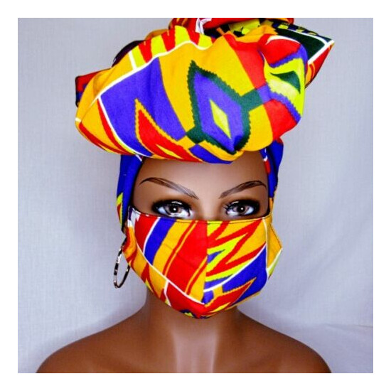 New African Wax Print Head Wrap and Face Mask Set (Orange/Red/Blue/Purple/Green) image {1}
