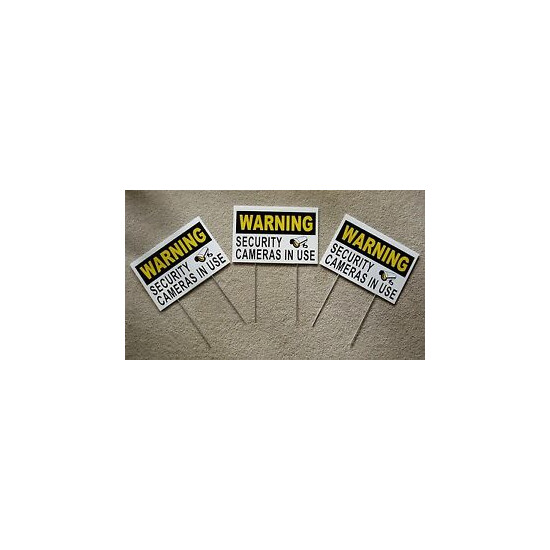 3 WARNING SECURITY CAMERAS IN USE Coroplast SIGNS 8x12 w/ Stakes Security b/y image {1}