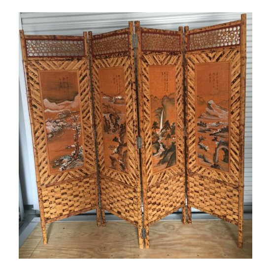 VINTAGE TIGER BAMBOO SCREEN PRIVACY ROOM DIVIDER RATTAN CHINESE LANDSCAPE TIKI image {1}
