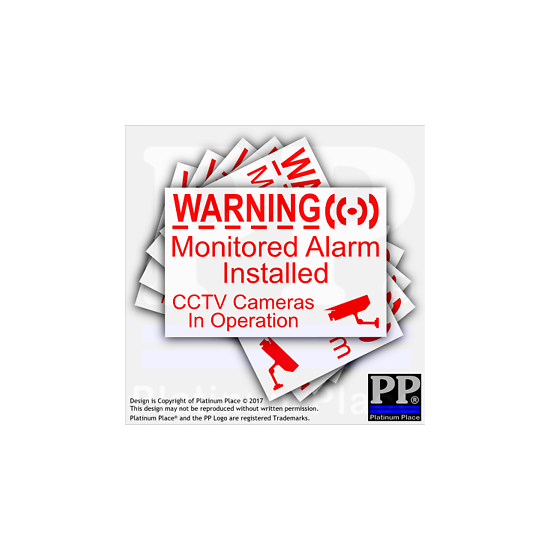 6 x Monitored Alarm Installed and CCTV Camera RED/WHITE Security Warning Sticker image {1}