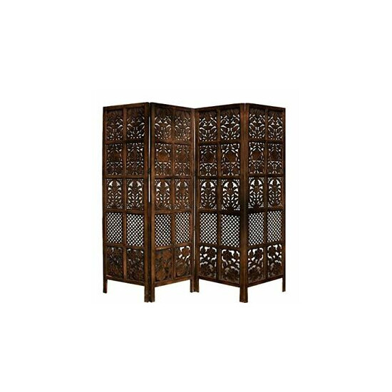 ANTIQUE STYLE HANDMADE WOODEN PARTITION SCREEN / ROOM DIVIDER, 4 PANELS-BROWN image {1}