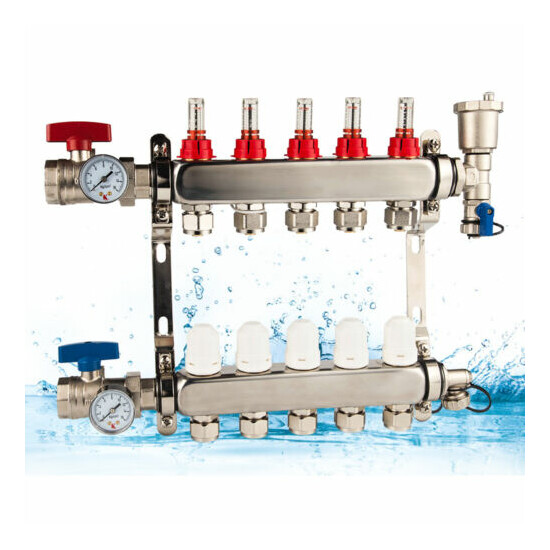 5-Branch 1/2"PEX Radiant Floor Heating Manifold Set Made Of Stainless Steel Home image {1}