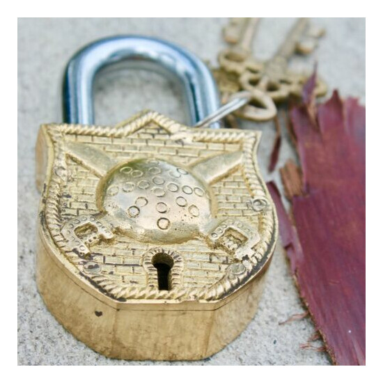 Big Brass Padlock War Shield Armor working key mid century locks Rare Vintage  image {2}