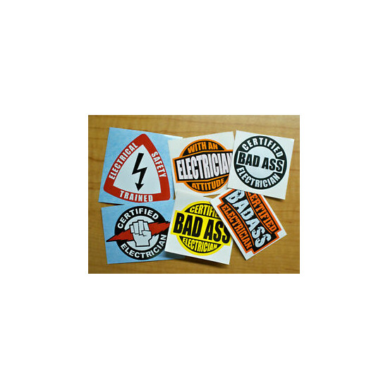 Funny Hard Hat Stickers / Electrician Safety Trained Bad Ass Certified Decals image {1}