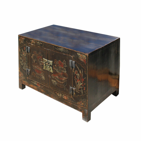 Oriental Chinoiseries Distressed Flower Black Low TV Console Cabinet cs5902 image {4}