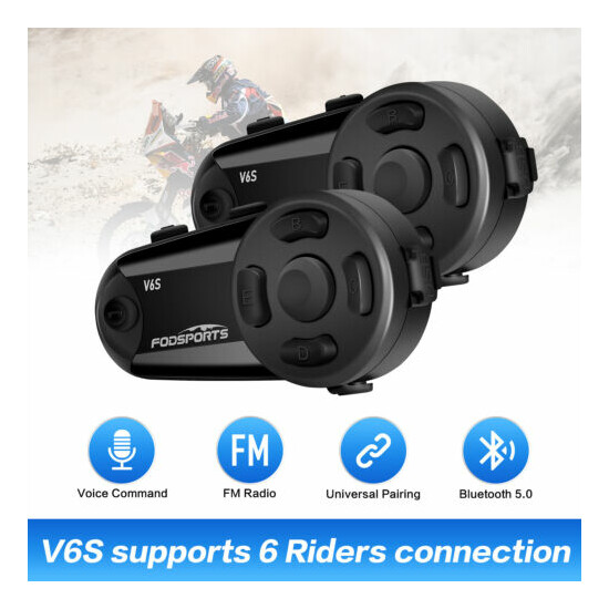 2x Motorcycle Intercom Bluetooth Helmet Headset, FODSPORTS V6S 1000m 6 Riders FM image {1}