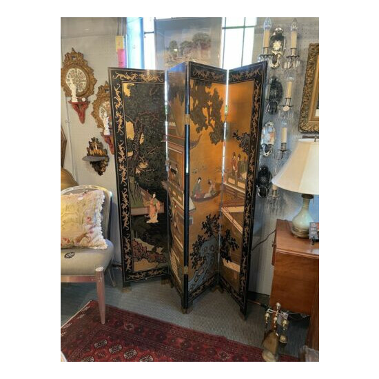 Vintage George Zee Four Panel Hand Carved & Painted Asian Room Divider Screen  image {1}