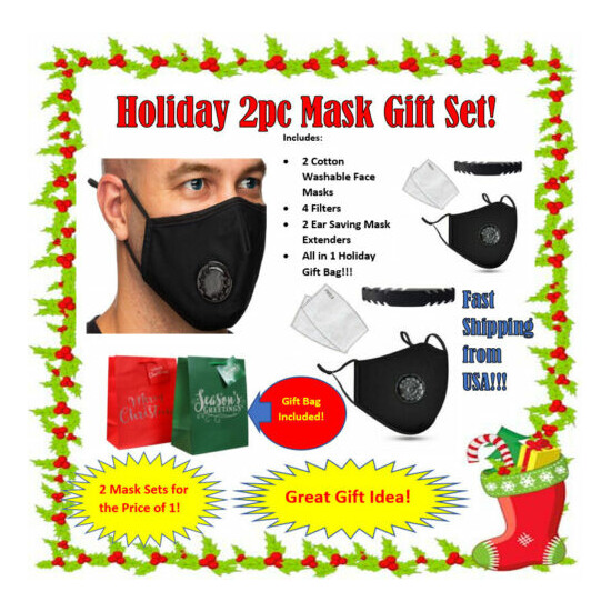 2pk Reusable Cotton Face Masks w/ Breathing Valve & 4 PM2.5 Filters Gift Set image {1}