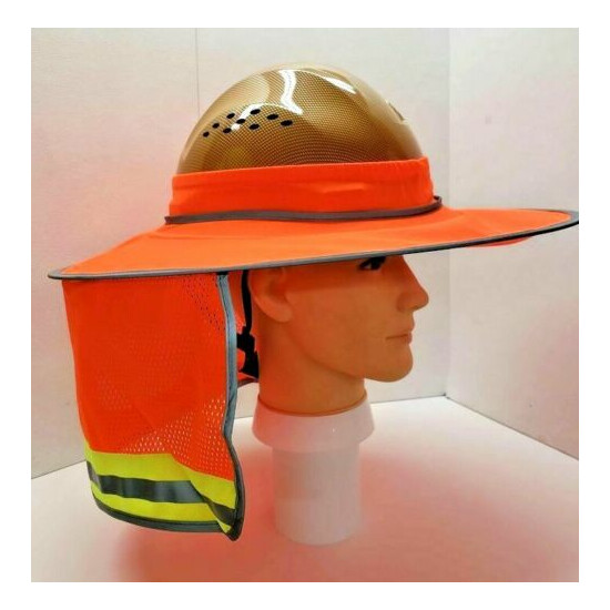 Orange Hard Hat Sun Shade Visor Full Brim Mesh Neck HI VIS REFLECTIVE STRIPE  image {2}