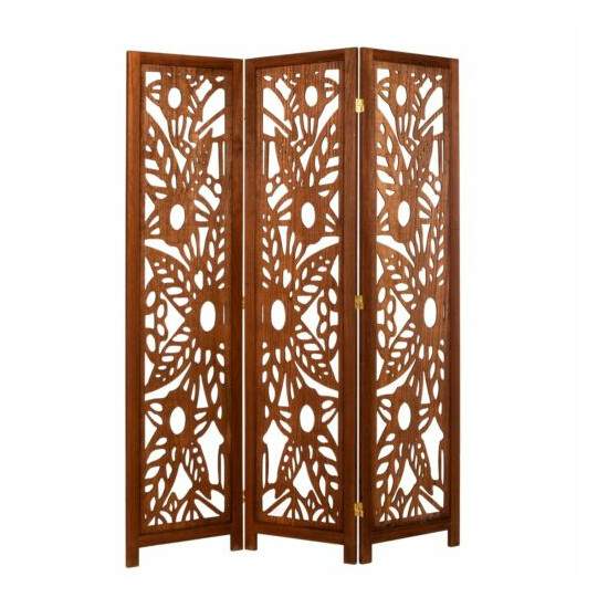 3 Panel Wood Screen Room Divider, Walnut Brown With Decorative Floral Cutouts image {1}