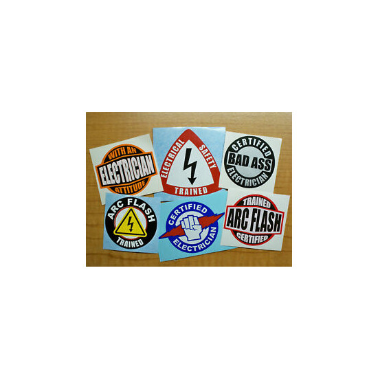 Funny Hard Hat Stickers / Bad Ass Electrician Electrial Safety Trained Arc Flash image {1}