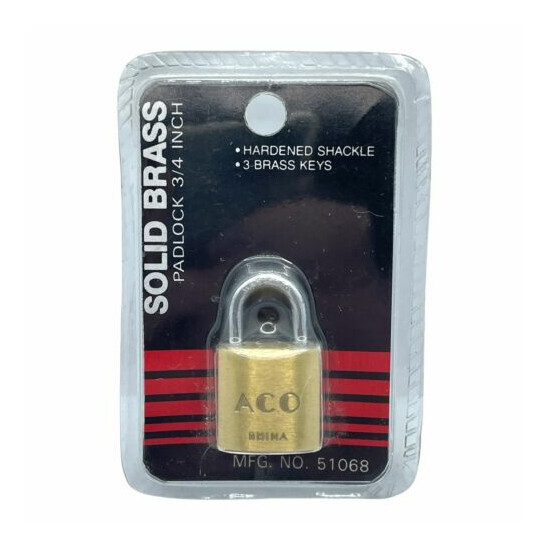 ACO Solid Brass Padlock 3/4 Inch Hardened Shackle 3 Brass Keys MFG. NO. 51068 image {1}