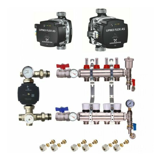 WATER UNDERFLOOR HEATING KIT MANIFOLDS 2 to 8 PORTS A RATED GRUNDFOS, PUMP PACK. image {2}