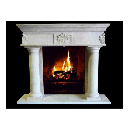 Large Hand carved Travertine Fireplace Mantle, Column Stone Mantle Surround image {1}