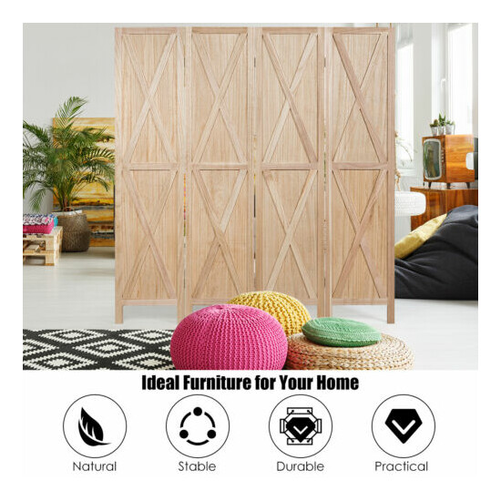 4 Panels Folding Wooden Room Divider W/ X-shaped Design 5.6 Ft Natural Color image {4}