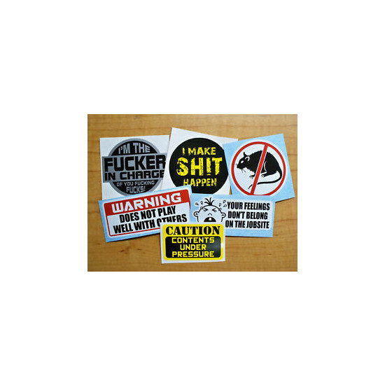6-pack Funny Hard Hat Stickers | F**ker In Charge Make Sh*t Happen No Rats Decal image {1}