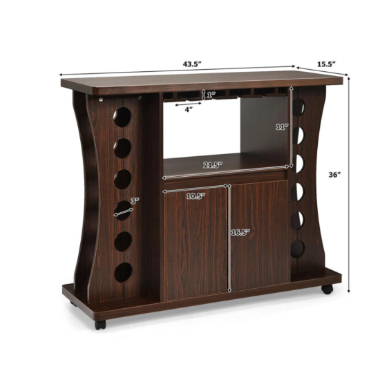 Rolling Buffet Sideboard Wooden Bar Storage Cabinet w/ Wine Rack & Glass Holder  image {2}