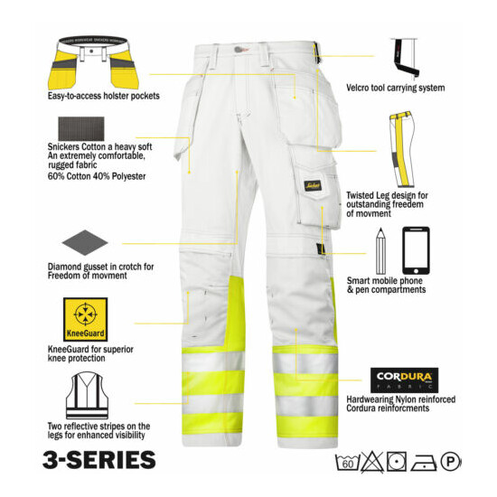 Snickers 3234 Painters Hi Vis Mens Work Trousers White Class 1 SnickersDirec Pre image {2}