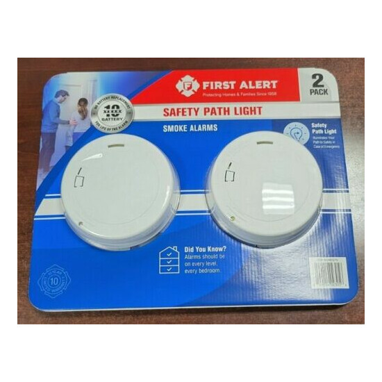 2 First Alert 10-Year Battery Photoelectric Smoke Alarm Slim w/Safety Path Light image {1}